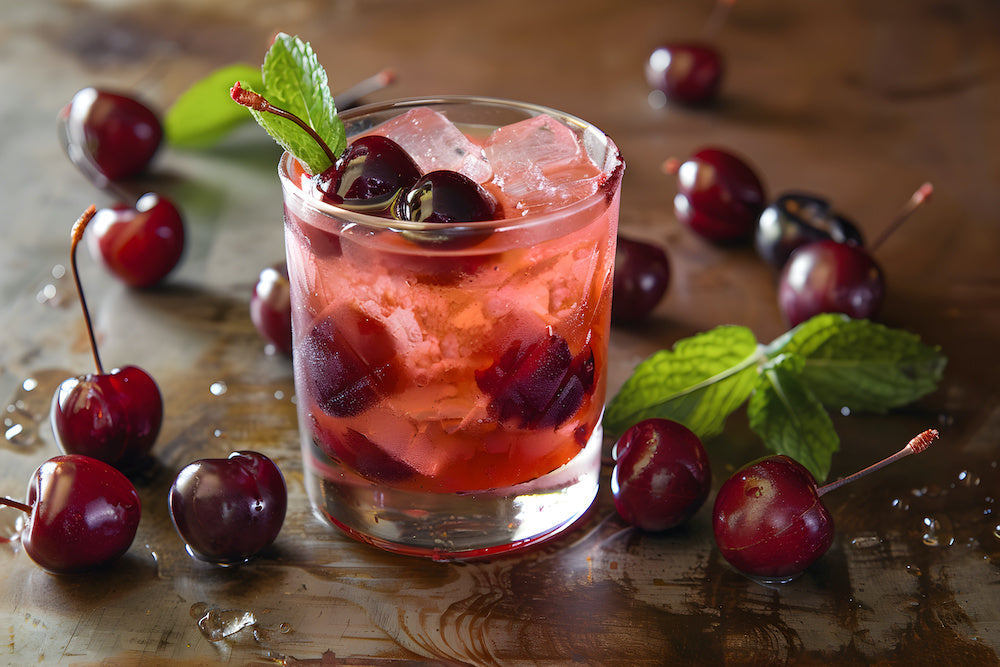 A Cherry Bourbon Smash cocktail in a rocks glass filled with crushed ice, garnished with fresh mint and a Boozy Cocktail Cherry®