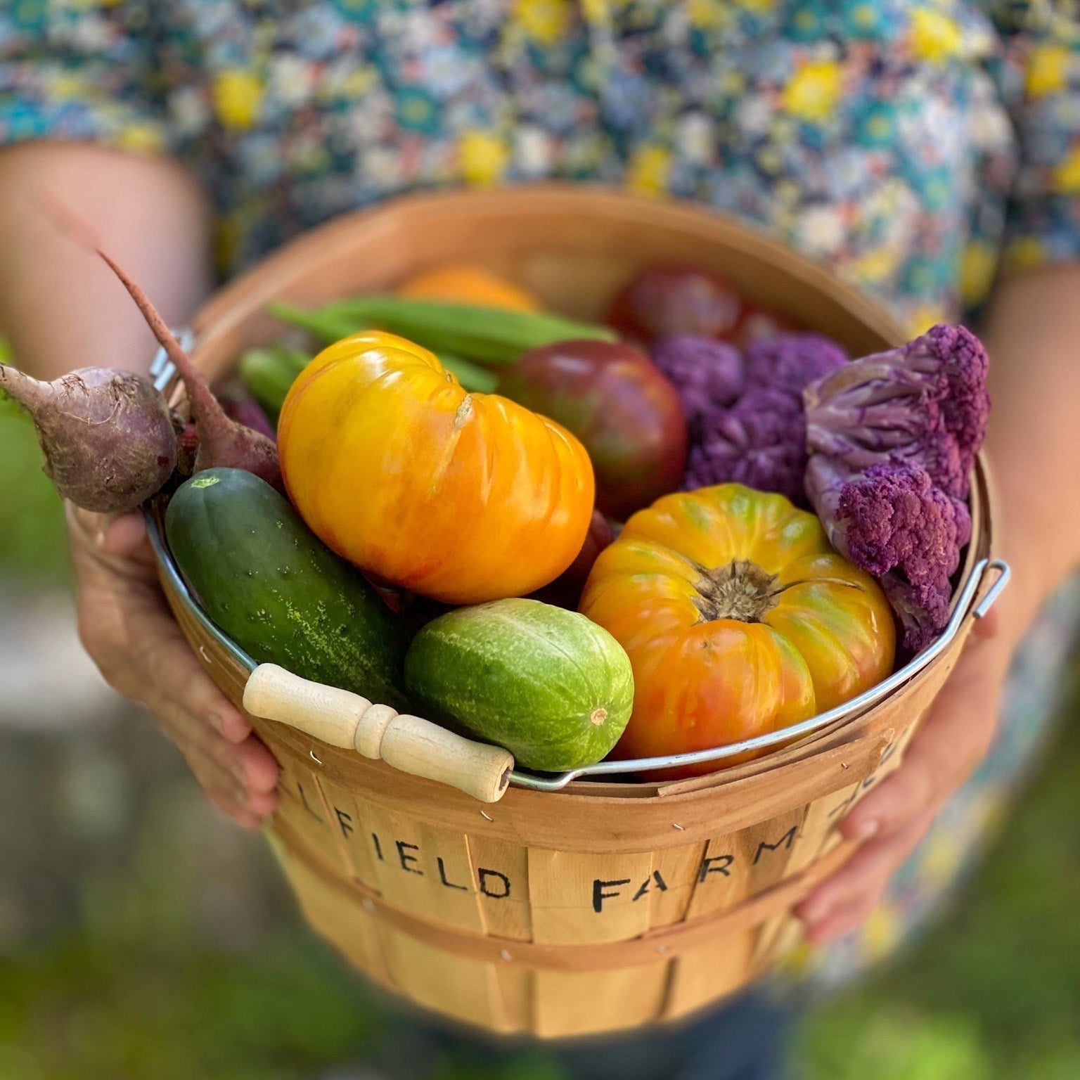 Basket filled with summer vegetables