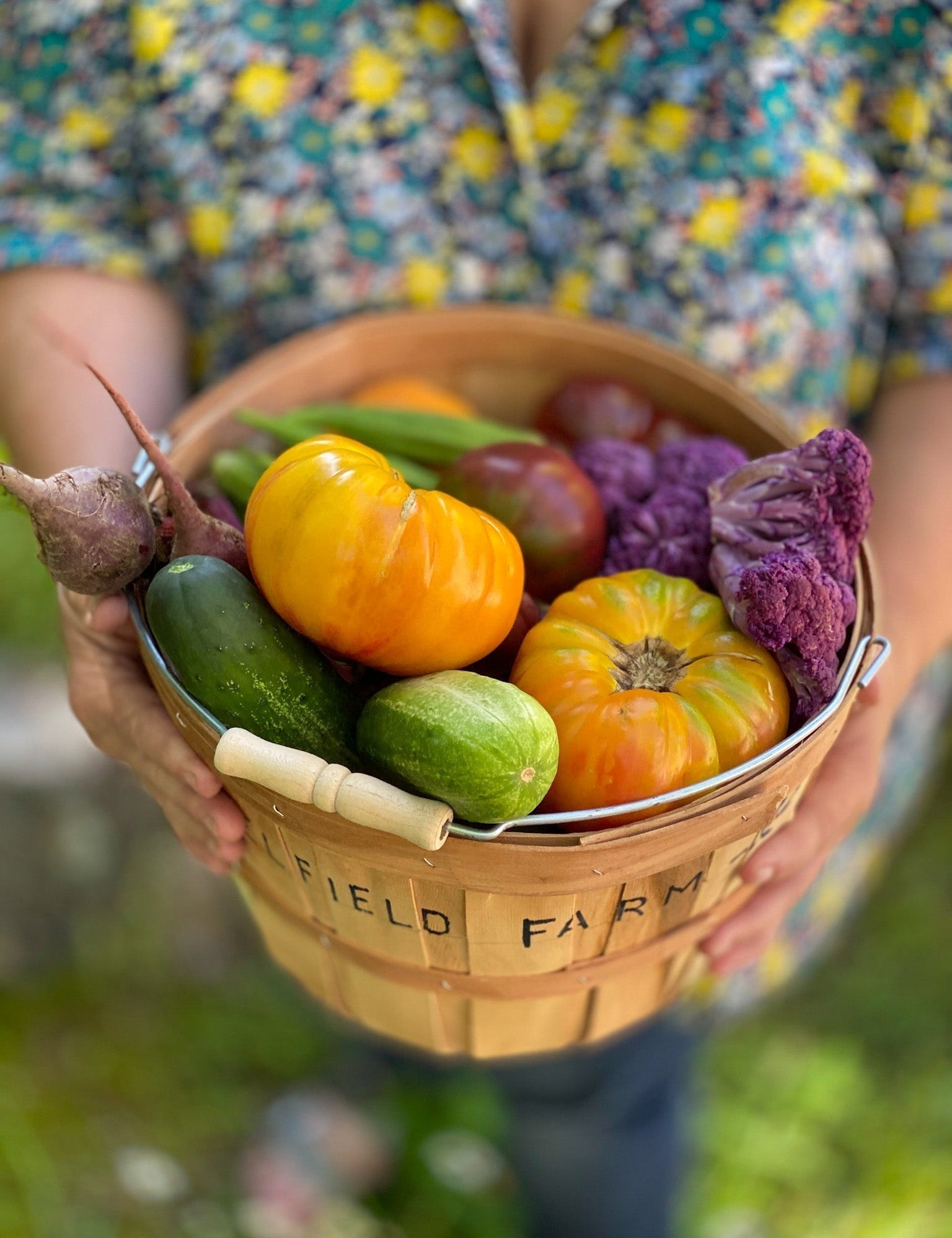 Basket filled with summer vegetables