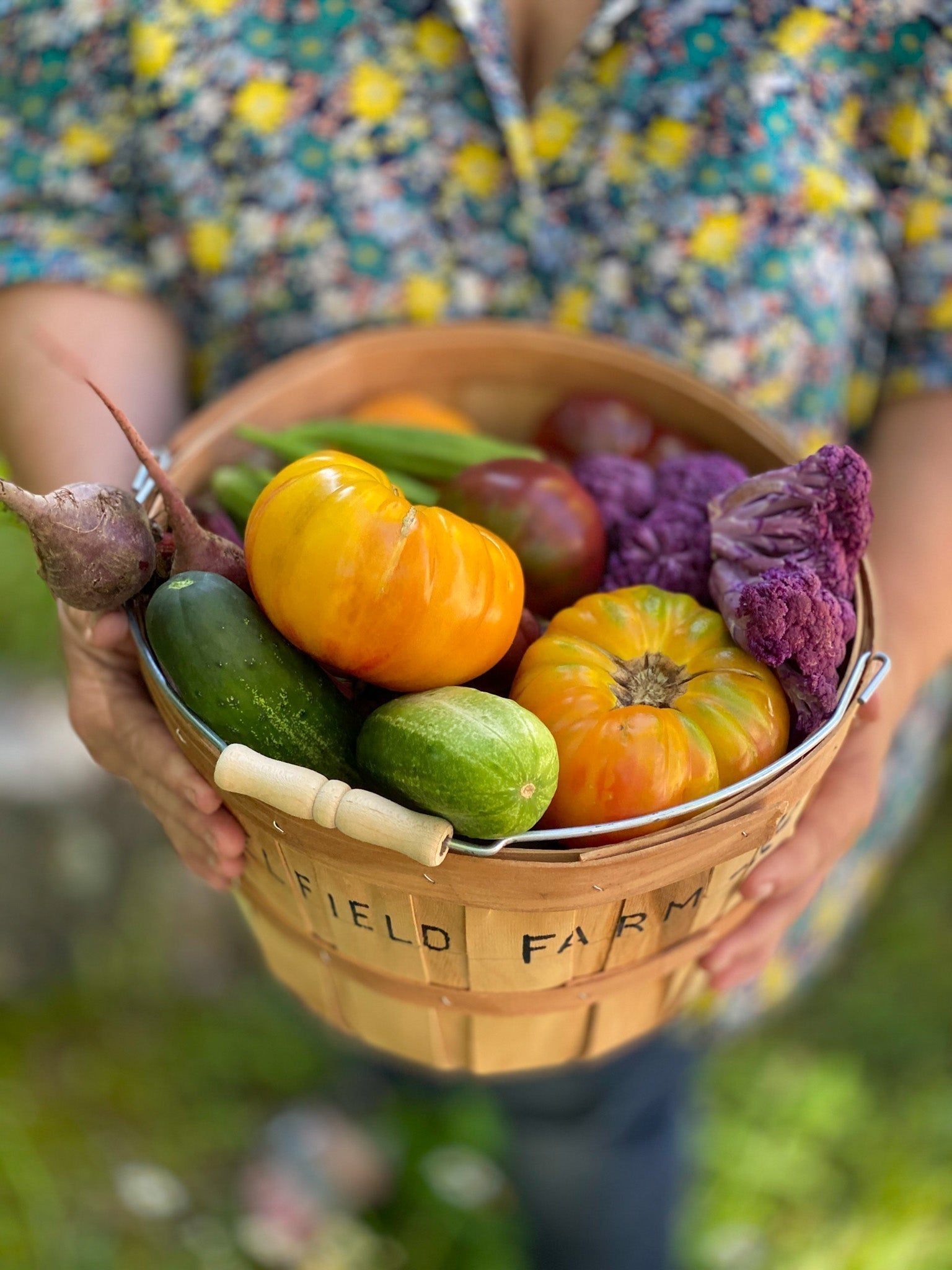 Basket filled with summer vegetables