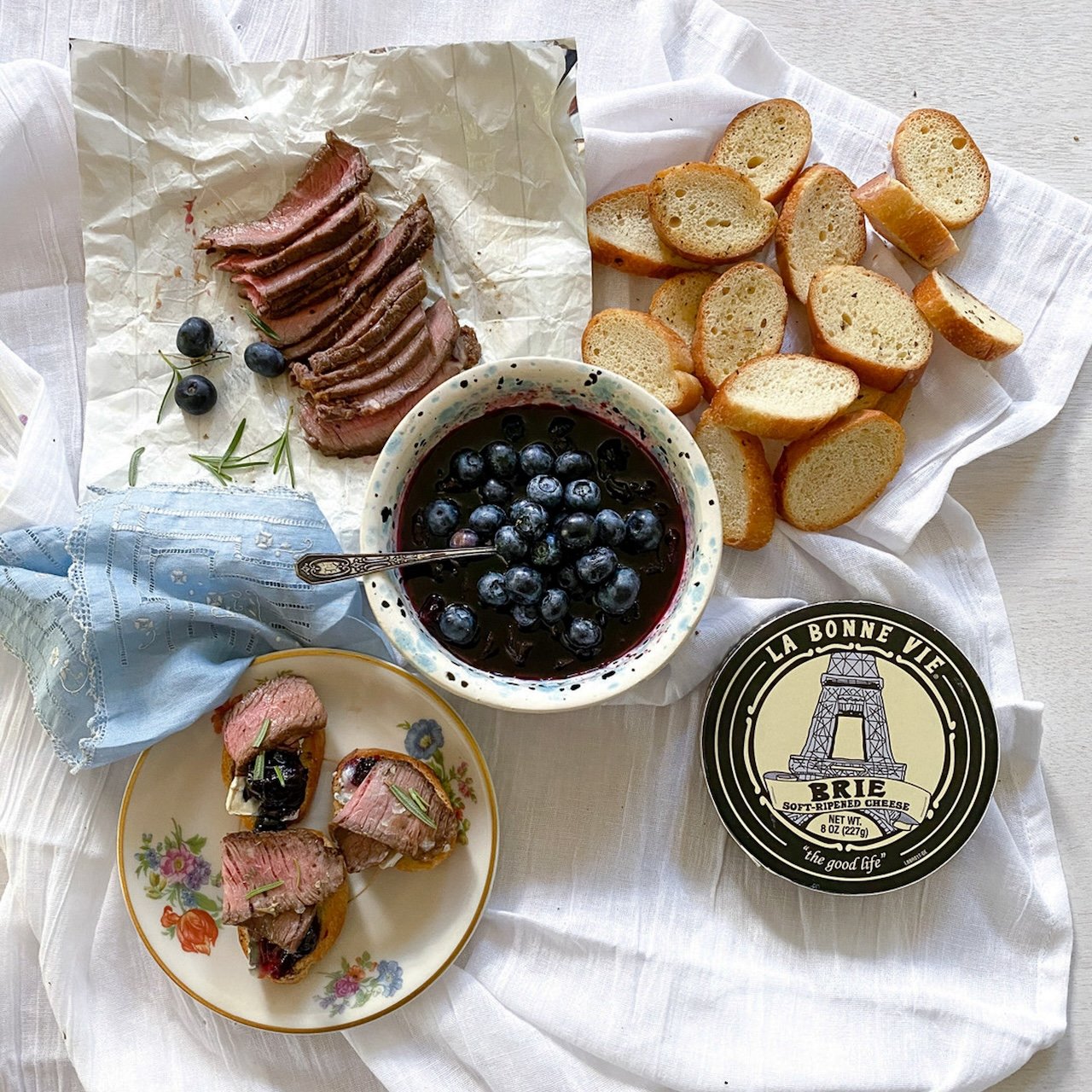 Blueberry Compote, Brie and Sirloin Crostini