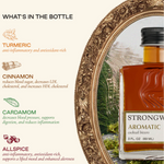 Bottle of Strongbow Aromatic cocktail bitters with ingredients listed on a decorative background