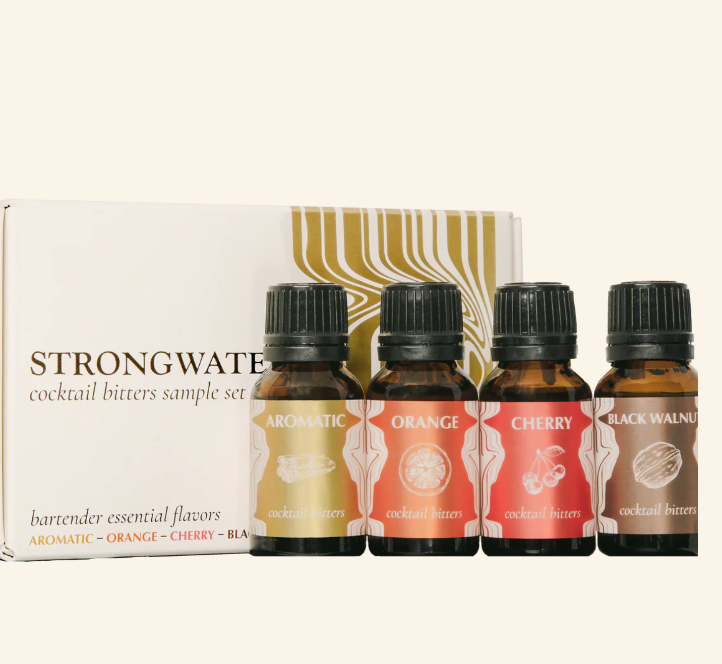Four Strongwater cocktail bitters bottles in front of a box labeled 'Strongwater cocktail bitters sample set'.